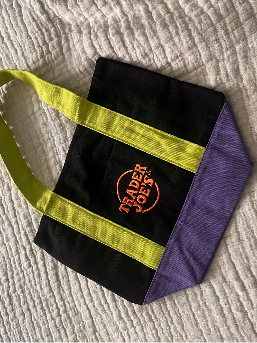 Trader Joe's Black Canvas Tote with Lime Handles and Purple Base - Picture 4 of 6